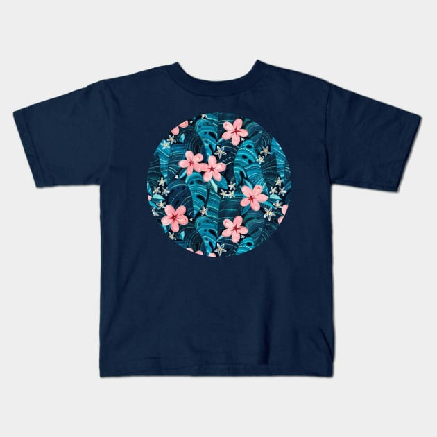 Midnight Tropical Garden - deep cyan blue Kids T-Shirt by micklyn
